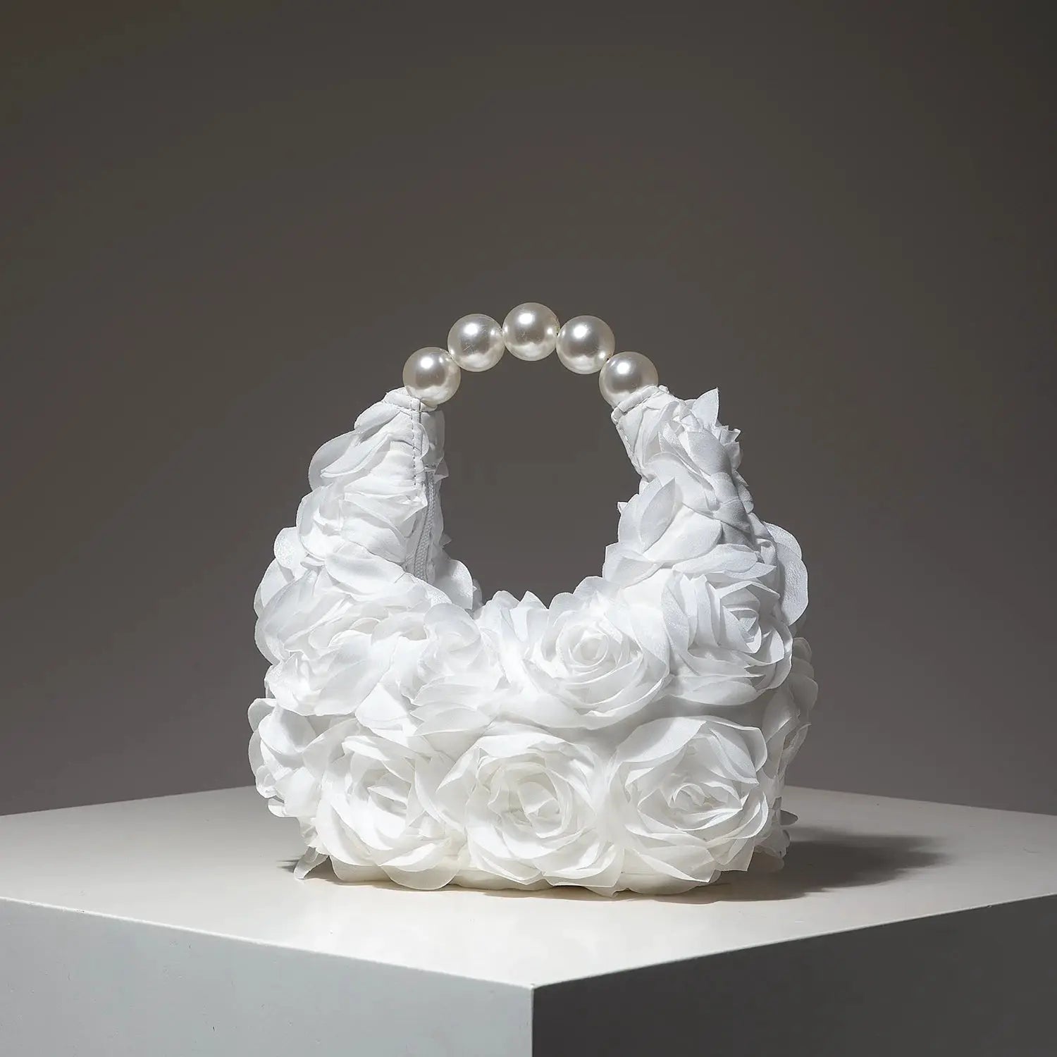 White floral handbag with pearl bead handle, gala clutch by Simples Market