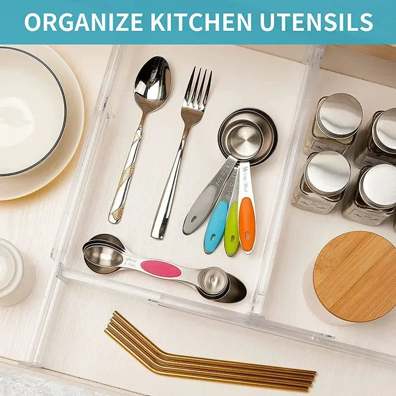 Simples Market clear plastic expandable kitchen drawer organizer with utensils and colored-handle measuring spoons