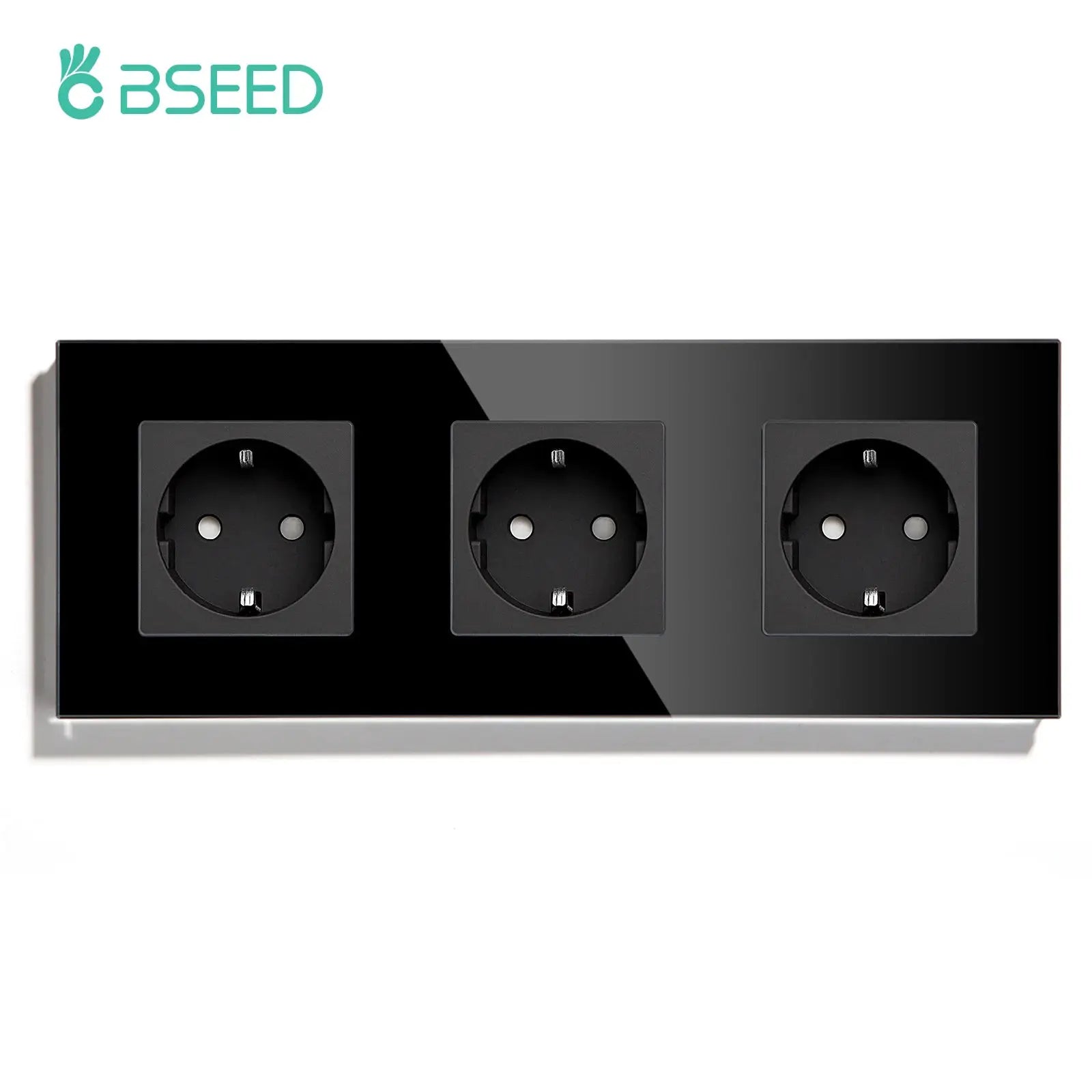 BSEED glass-panel 3-gang EU wall sockets on black panel