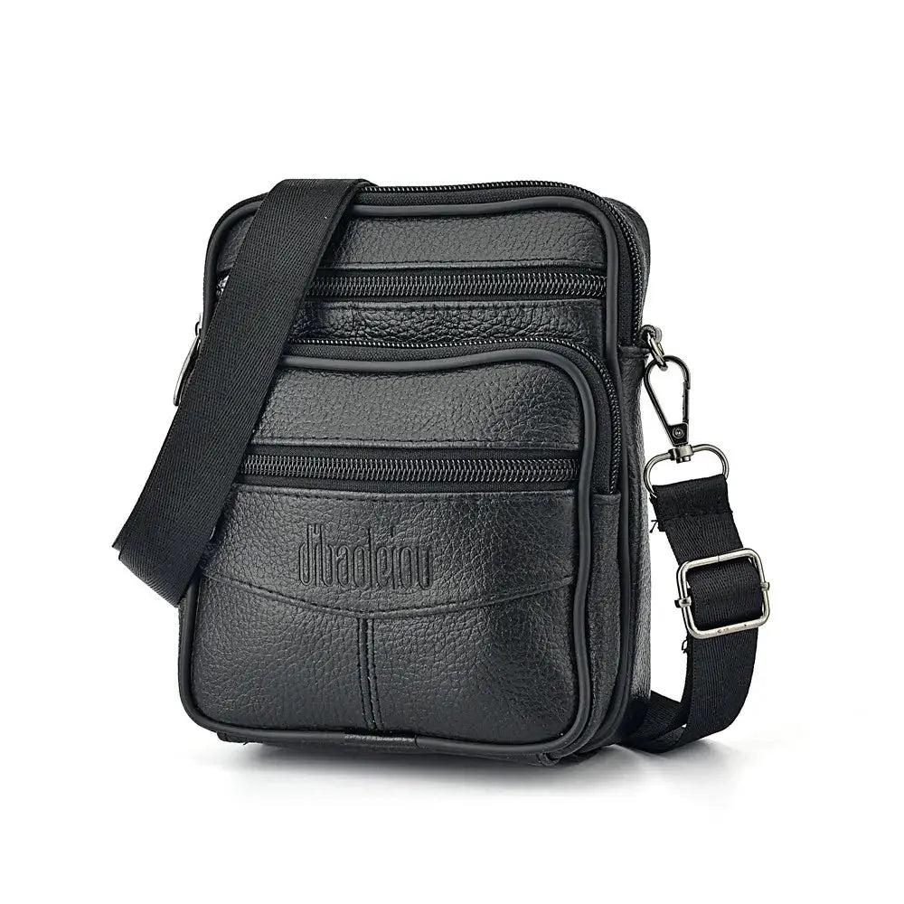 Men's genuine leather crossbody bag with zip pockets, black, adjustable strap