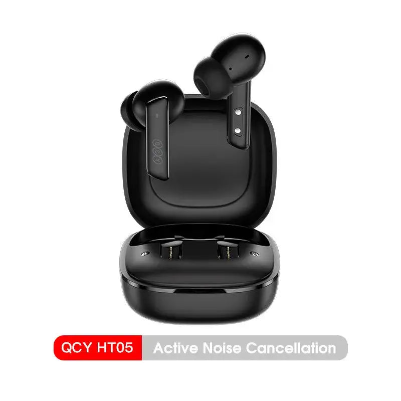 QCY HT05 ANC wireless earbuds in black charging case with QCY branding on stems