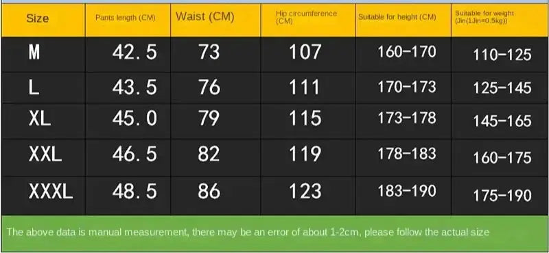 Simples Market mens quick-dry mesh shorts size chart showing M-XXXL measurements
