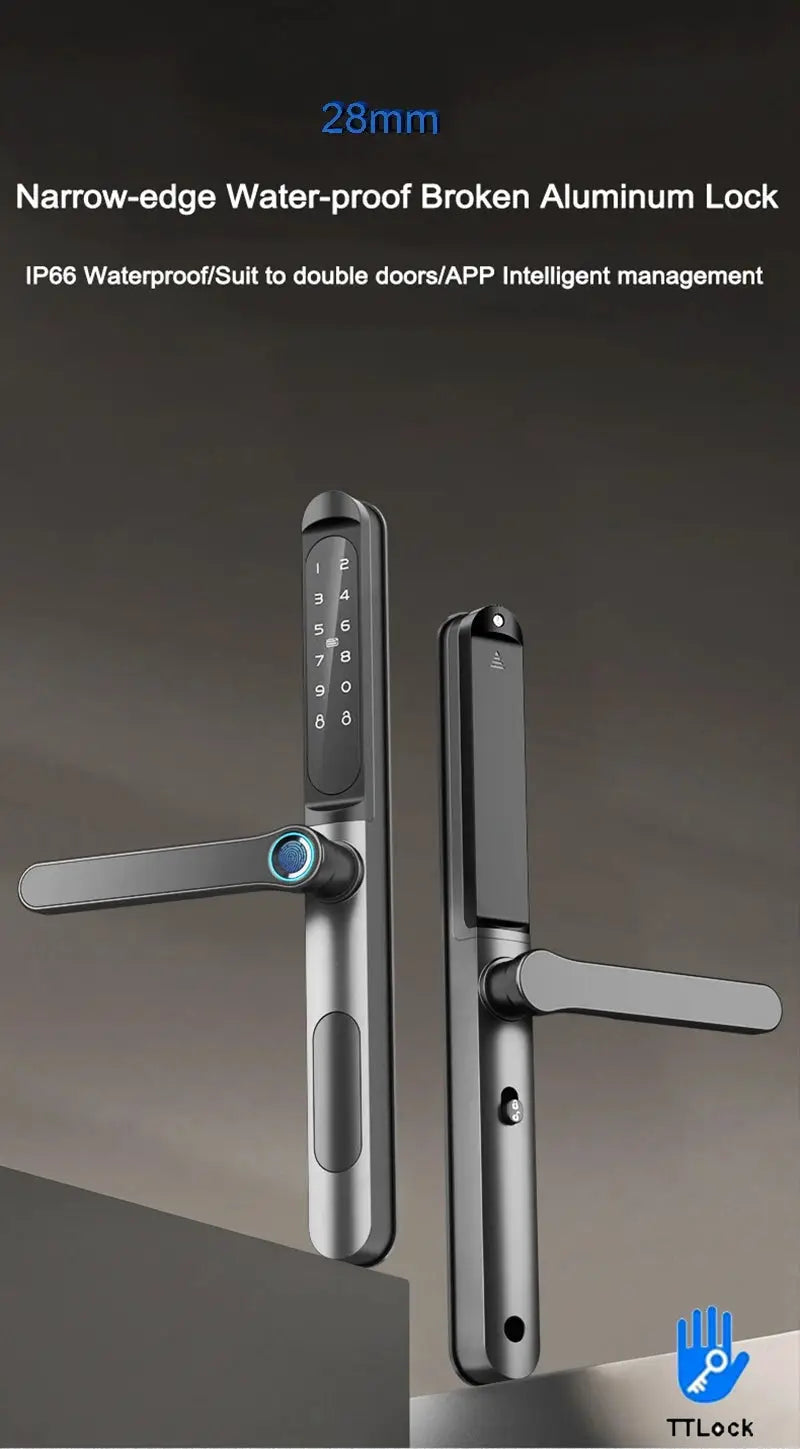 Slim 2.8cm waterproof sliding door smart lock by Simples Market; fingerprint, password, IC card access, TTLock App & Alexa compatible.