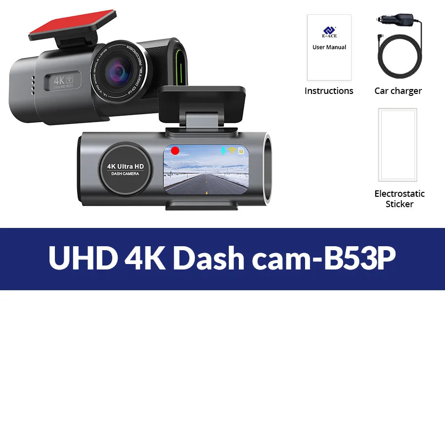Dash cam 4K dual front/rear with display from Simples Market; includes car charger, user manual, electrostatic sticker