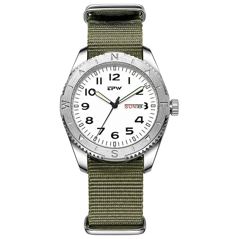 TPW 40mm field watch with olive fabric strap, white dial, luminous hands, rotating bezel and day/date