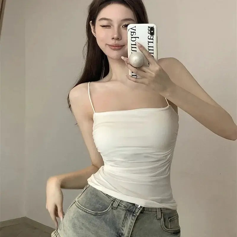 White Sleeveless Tank Top With Thin Straps Fitted Camisole Korean Style Women Underwear Layering Top
