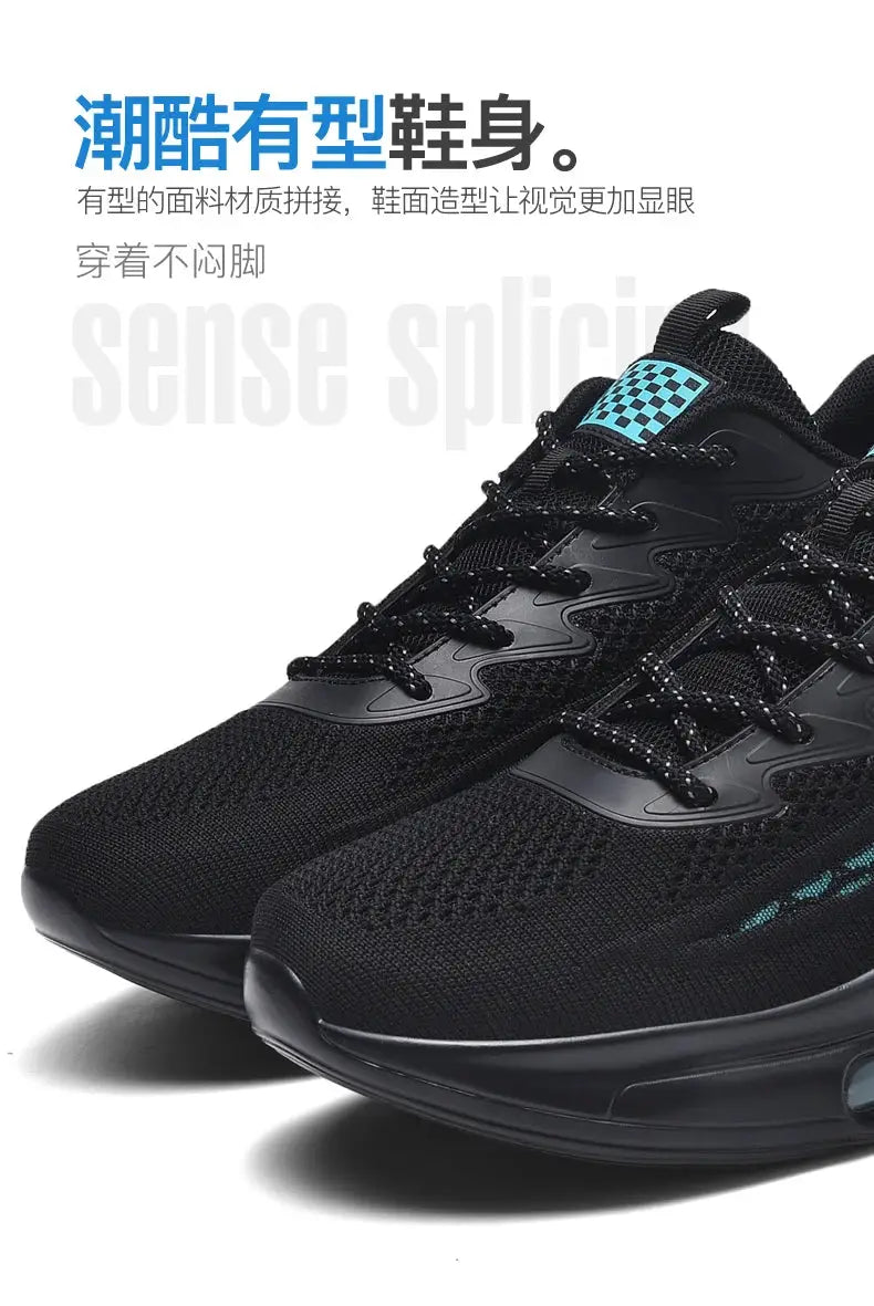 Men's black sneakers by Simples Market with breathable knit upper and teal tongue badge.