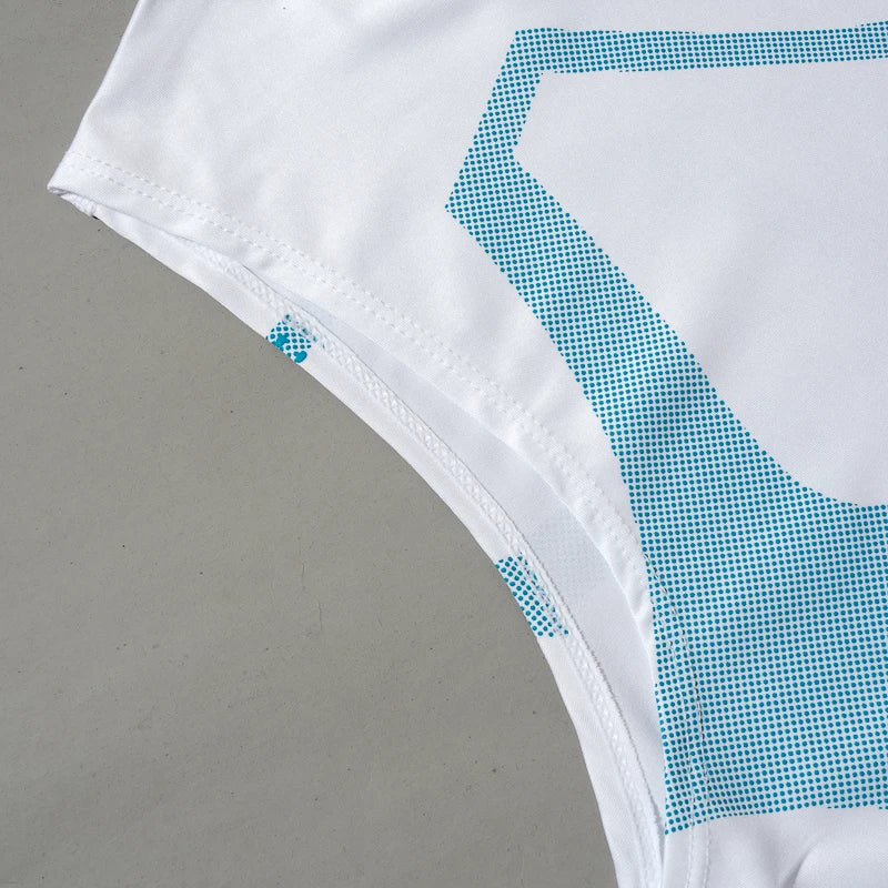 Men's white compression vest with blue dotted print for gym and sports training