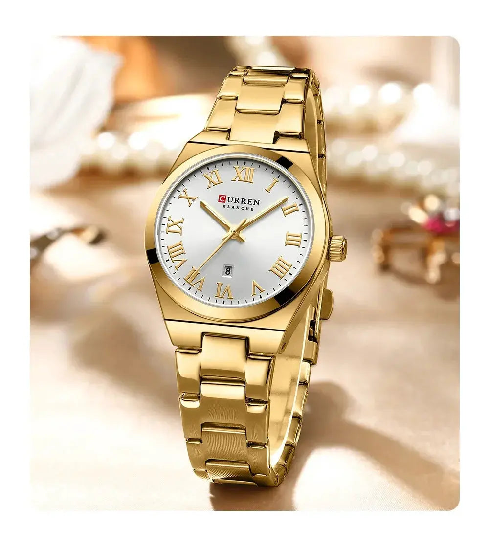 Curren Blanche gold-tone women's watch with stainless steel bracelet, white dial, Roman numerals and date.