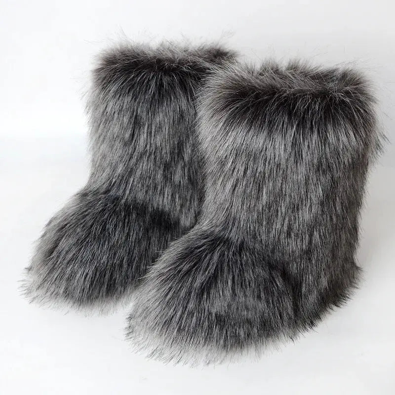 Women's Winter Snow Boots With Plush Faux Fox Fur Mid Calf Warm Platform Shoes For Cold Weather Outdoor