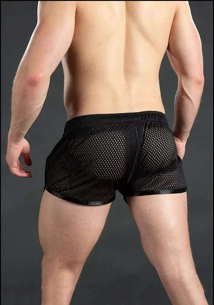 Men's black mesh running shorts with breathable grid pattern for gym and training