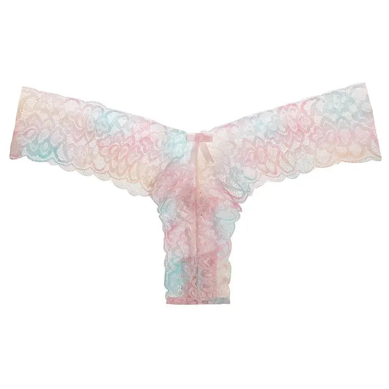 Women’s pastel rainbow lace T-back thong underwear, seamless G-string with ruffle, 1pc