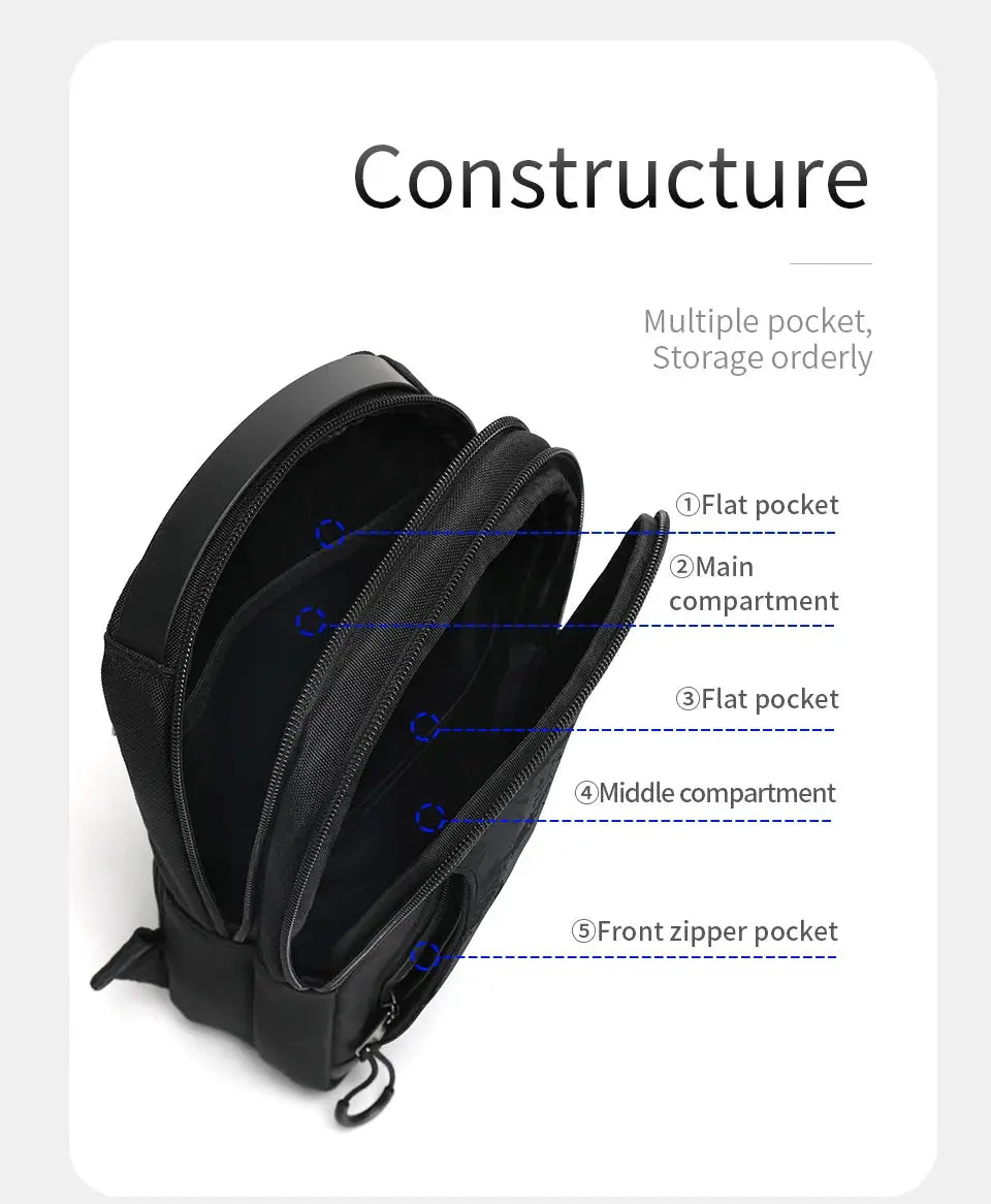 Tigernu chest bag for men in black with multiple pockets and compartments for organized storage