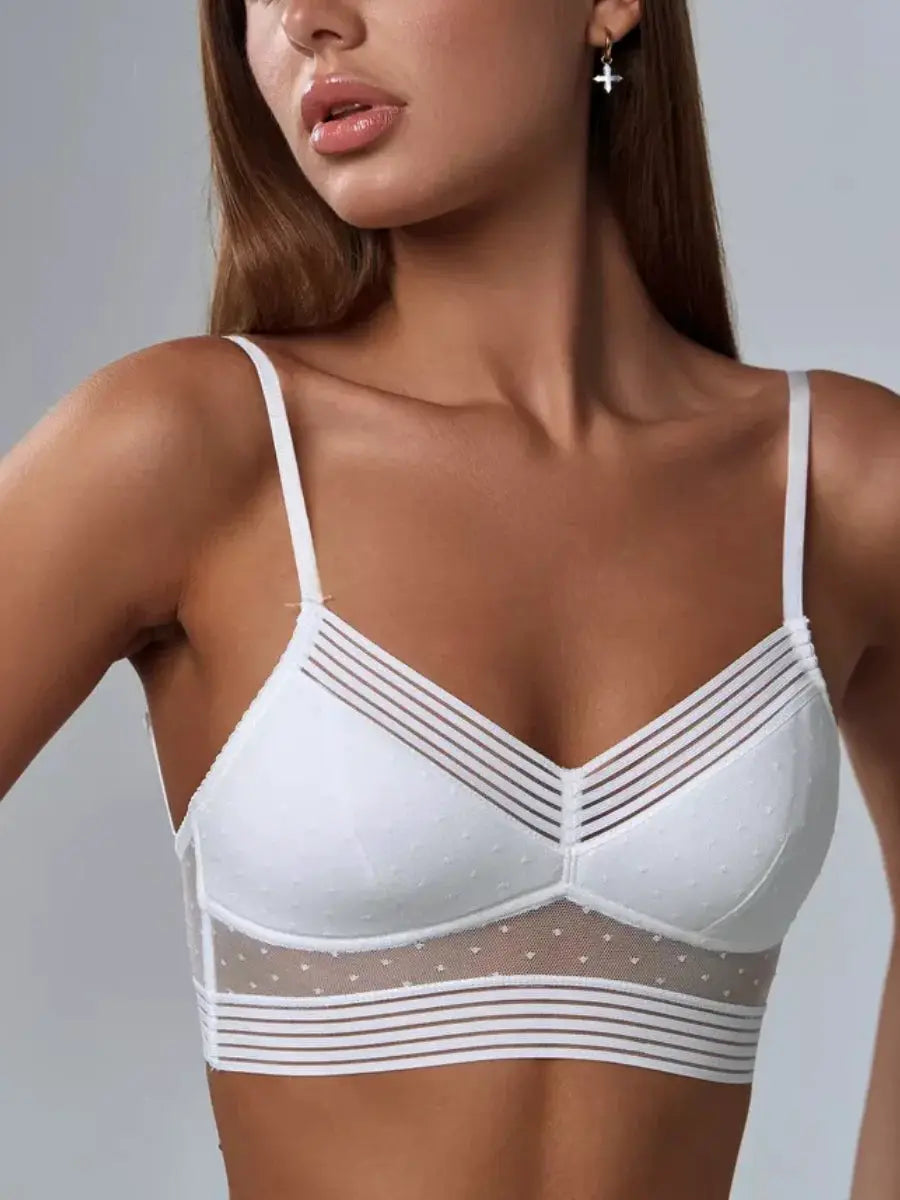 White lace U-shaped backless bra with slim straps and sheer dotted mesh band, ultra-thin