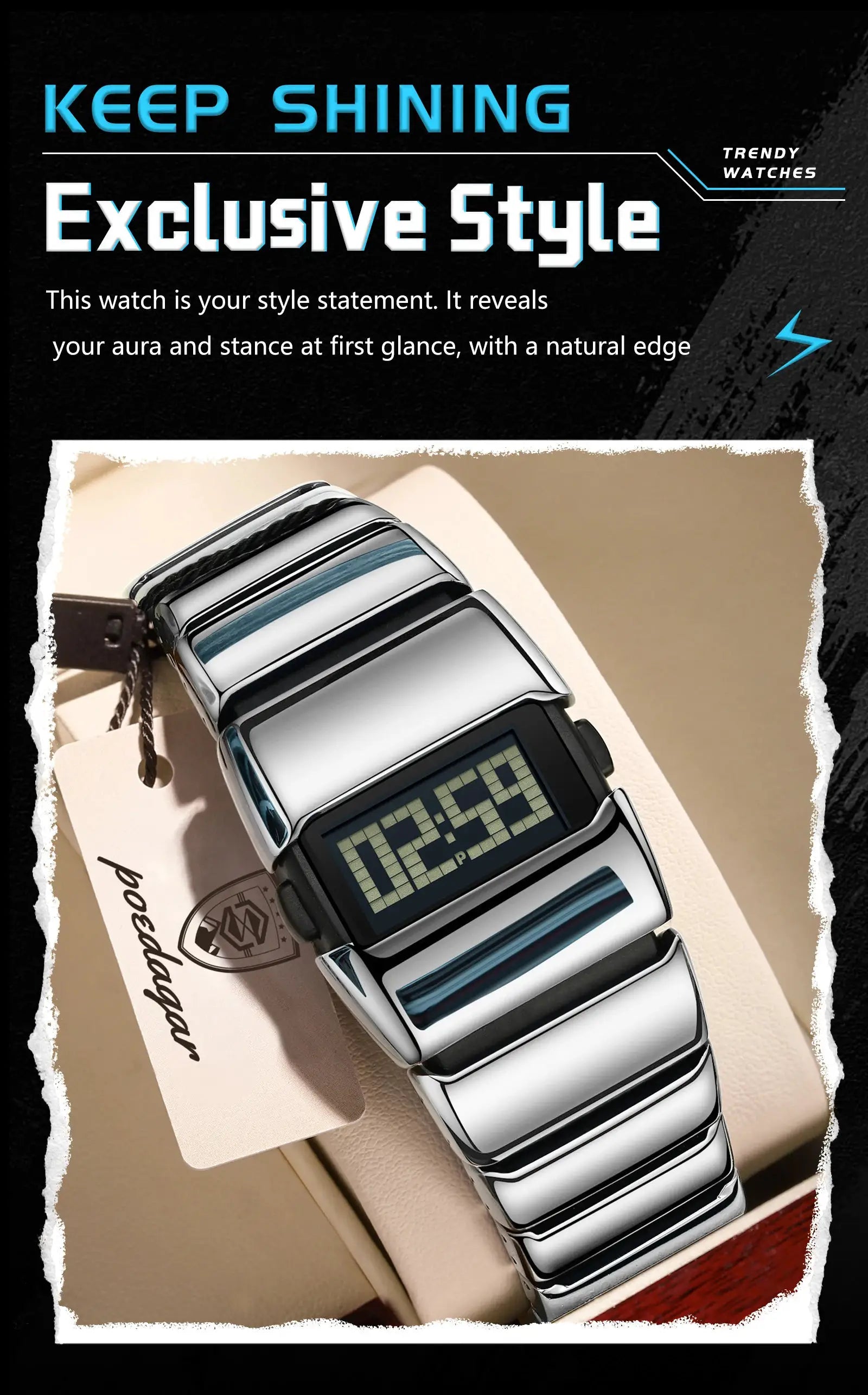 POEDAGAR men's LED digital watch with stainless steel bracelet, silver-tone
