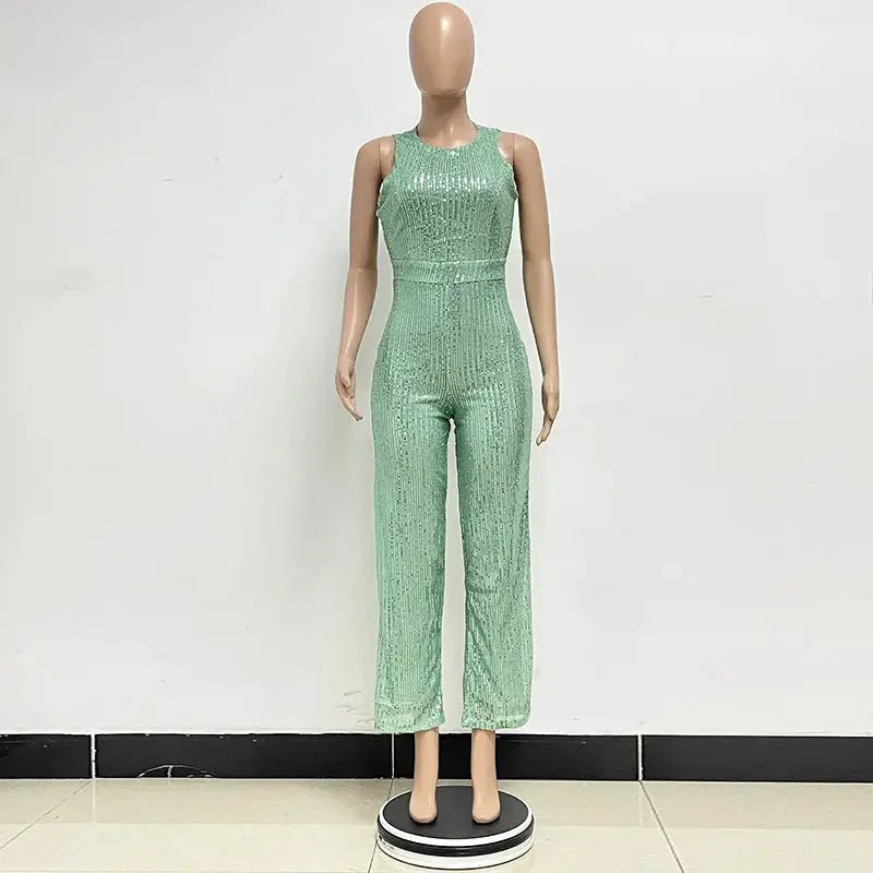 Sequined jumpsuit mint green, sleeveless, high-waisted, fitted glam party outfit
