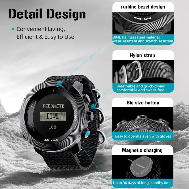 North Edge Apache-D men's digital dive watch with nylon strap, 100m water resistant, barometer and compass