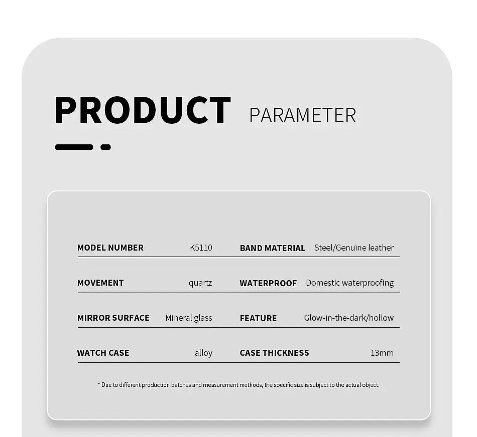 Watch parameter sheet for model K5110; steel/genuine leather band, quartz movement, 13mm case.