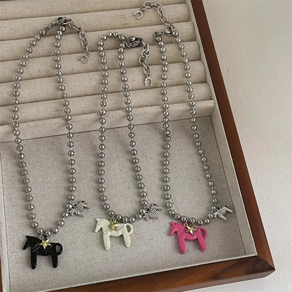 LATS Enamel Colt Horse Pendant Necklace For Women Colorful Silver Plated Alloy Beads Chain Choker