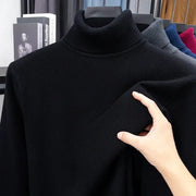 Men's black knitted turtleneck sweater with ribbed collar, solid color, long sleeves.
