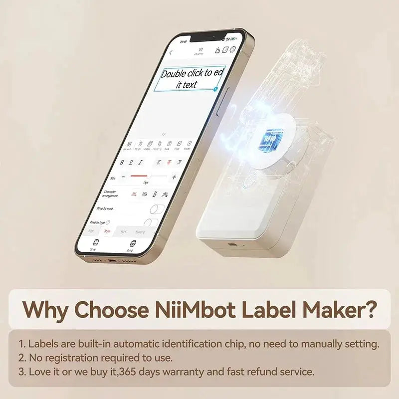 Niimbot D110 portable mini label printer with white compact body beside smartphone app screen