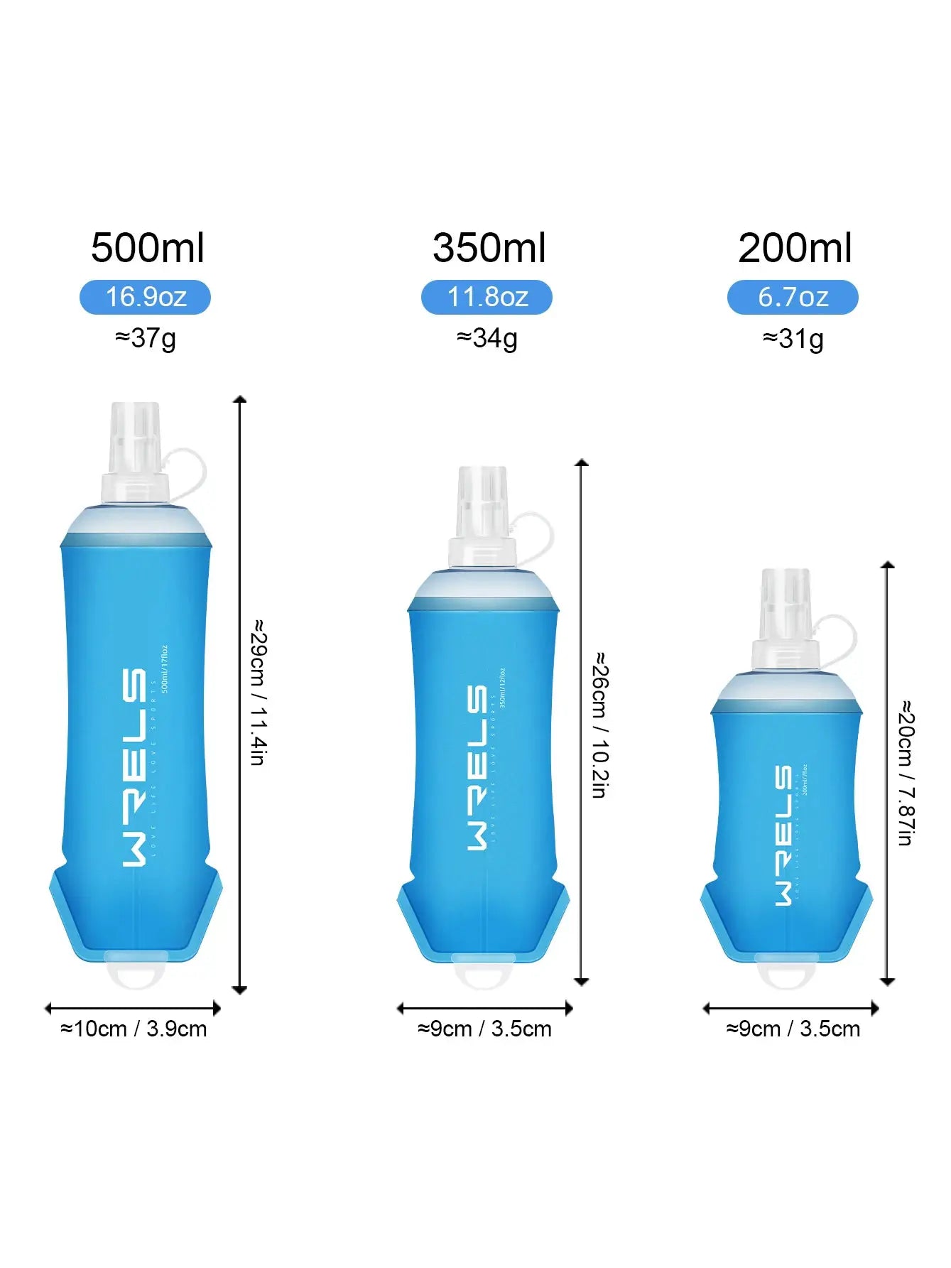 WRELS outdoor sport water bottle set in blue TPU, shown in 3 sizes (500ml, 350ml, 200ml)