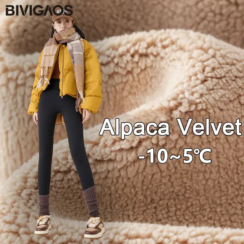 BIVIGAOS leggings, black alpaca-velvet fleece-lined high-waist for warmth