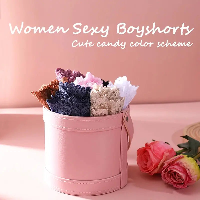 4-pack women's floral lace panties in assorted colors with V-waist, breathable underpants in a pink round box