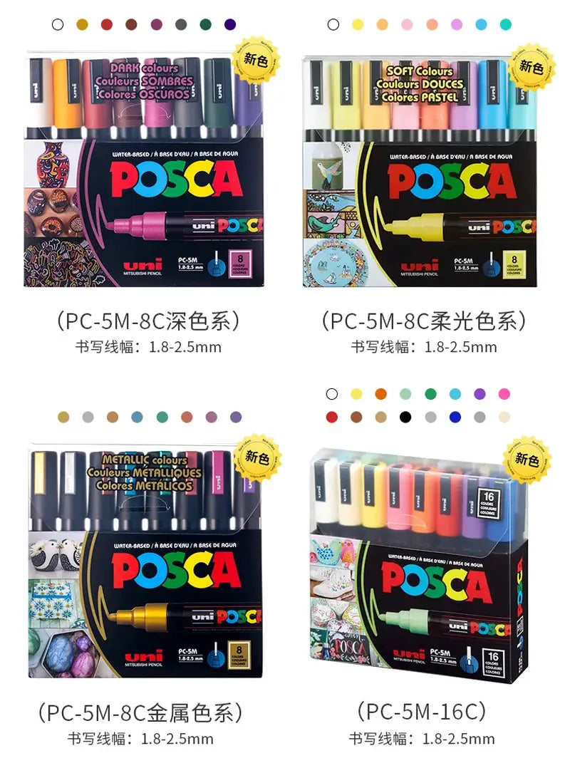 Uni Posca paint marker pens set; four boxed kits by Simples Market including deep, pastel, metallic, and 16-color options
