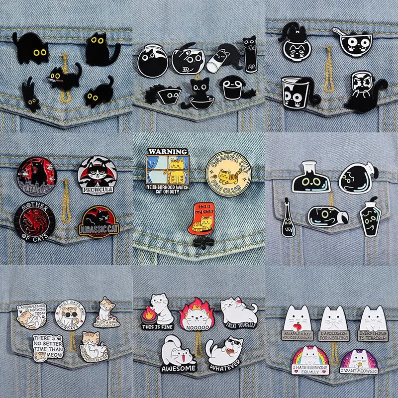 Cat Enamel Pins Set 4 To 6 Pieces Cute Black Fluid Cat Brooches Lapel Pins Jewelry Gift For Friends