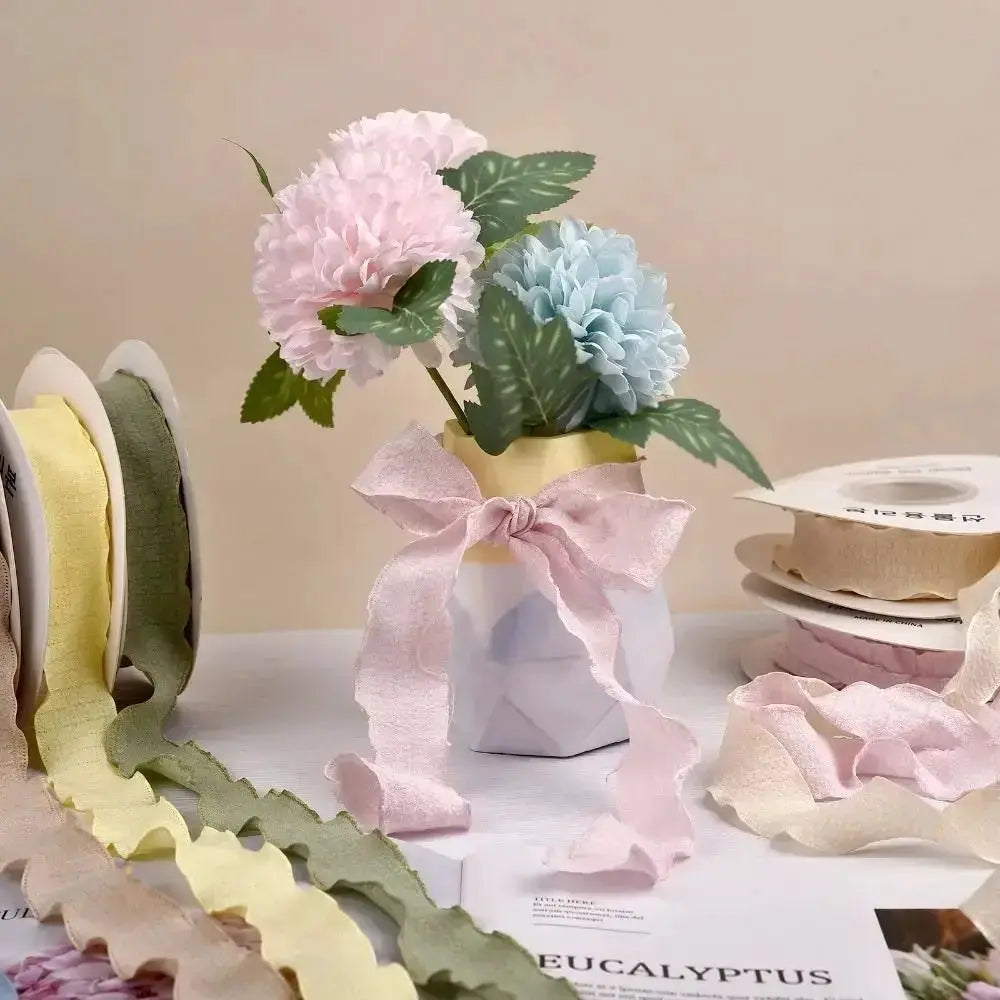 10 Yards Fishtail Chiffon Ribbon With Wave Edge Pleated Embossed Floral Pattern for Gift Wrapping Bouquets DIY Decor