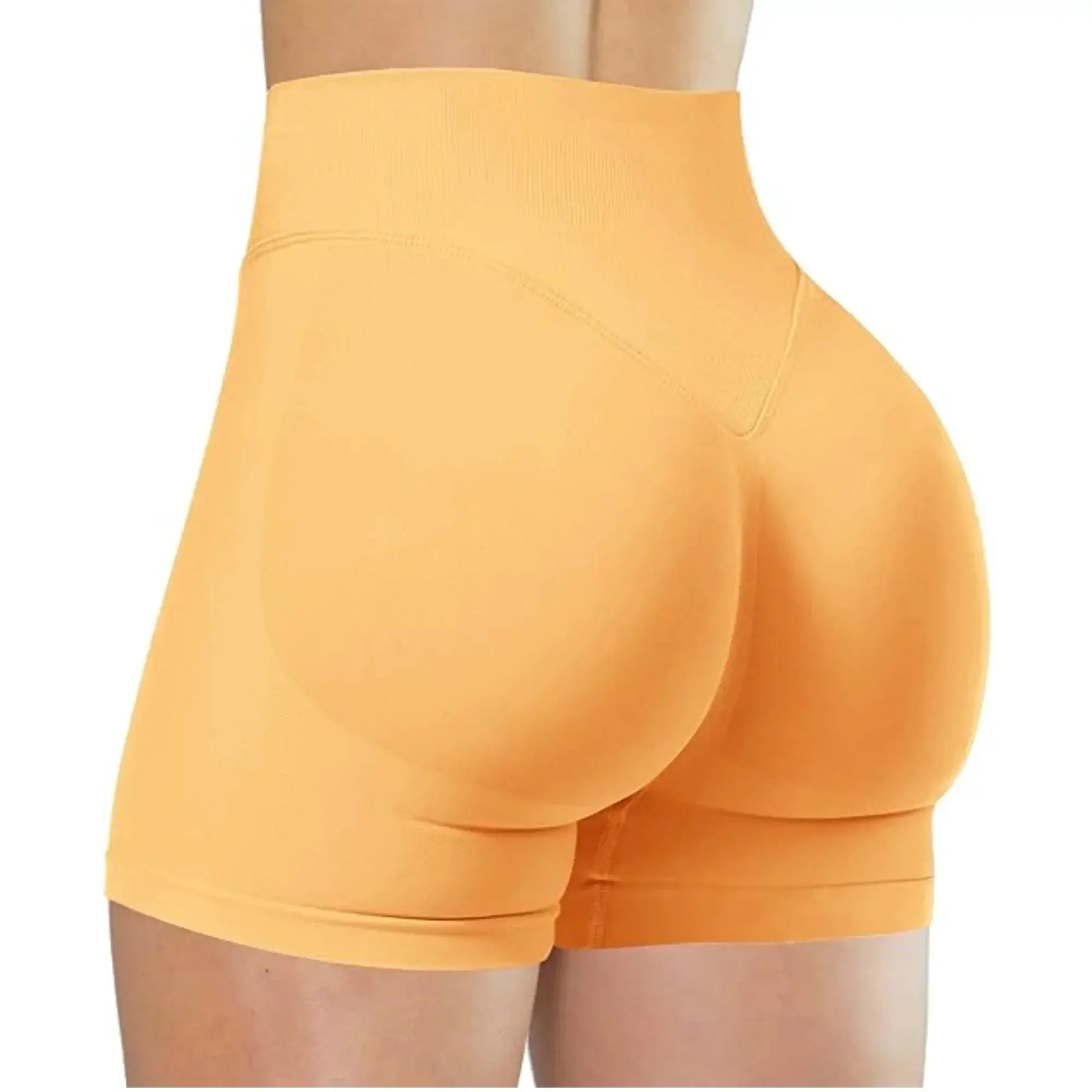 Women's peach seamless high-waist gym shorts; two pairs shown for yoga and training.