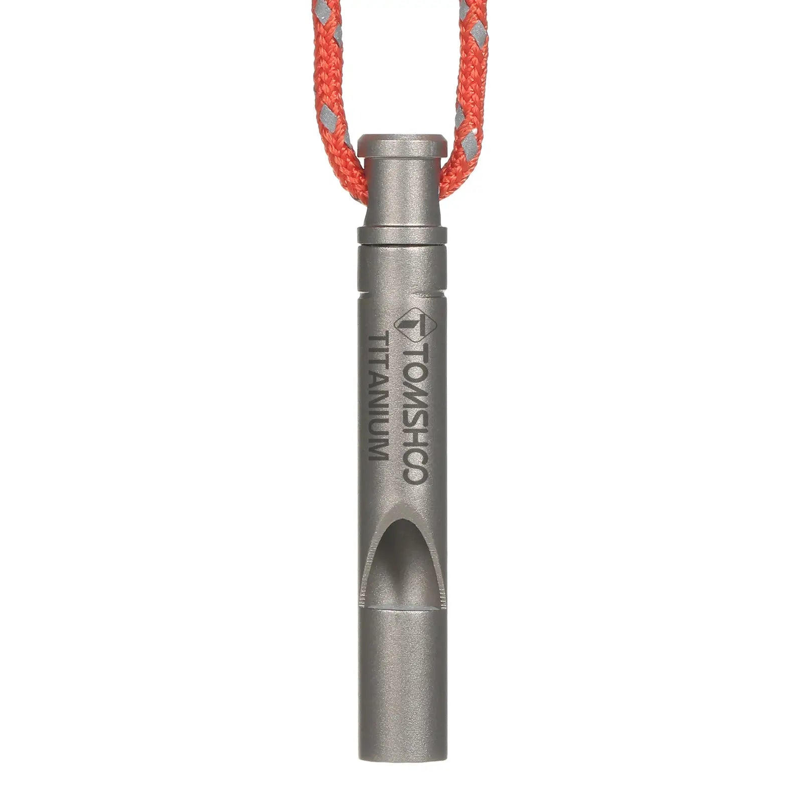 TOMSHOO titanium emergency whistle with red cord, gray metal body and visible logo.