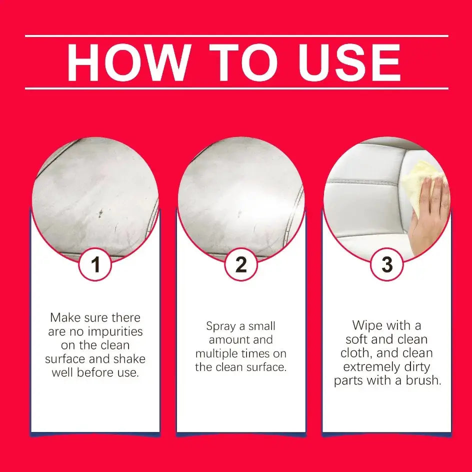 Multifunctional foam cleaner for car interiors; three-step usage infographic by Simples Market