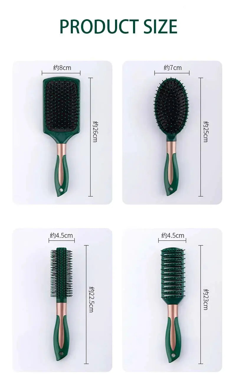 KLINA Hair Massage Air Cushion Comb Brush set, 4 green rose-gold anti-static brushes: paddle, oval, round, cylindrical