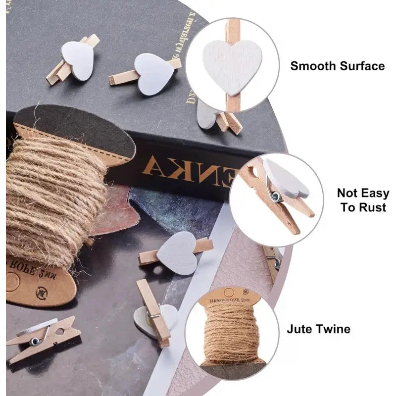 Simples Market heart-shaped wooden clothespins, 50pc pack with white hearts for photo display and decor