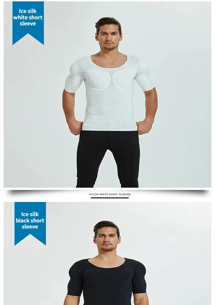 3D fake muscle T-shirt for men with built-in chest padding; white ice-silk short sleeves and black ice-silk short sleeves (2-pc set)