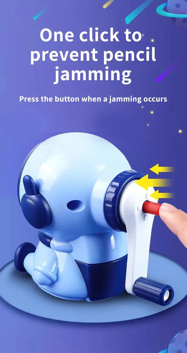 Astronaut cartoon pencil sharpener, blue, with hand crank by Simples Market for school