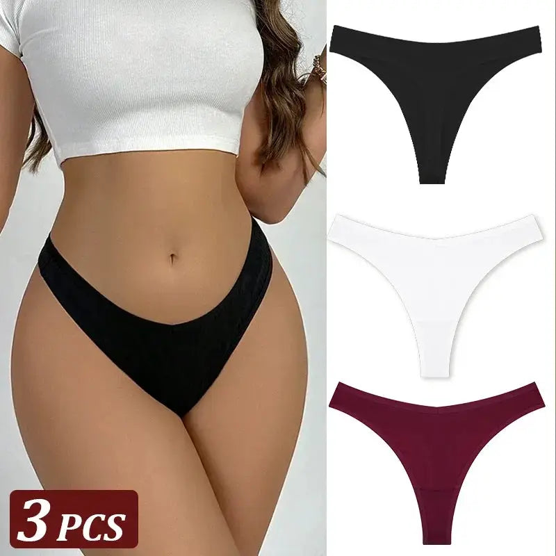 3-piece seamless cotton thong underwear set for women in black, white, and burgundy by Simples Market