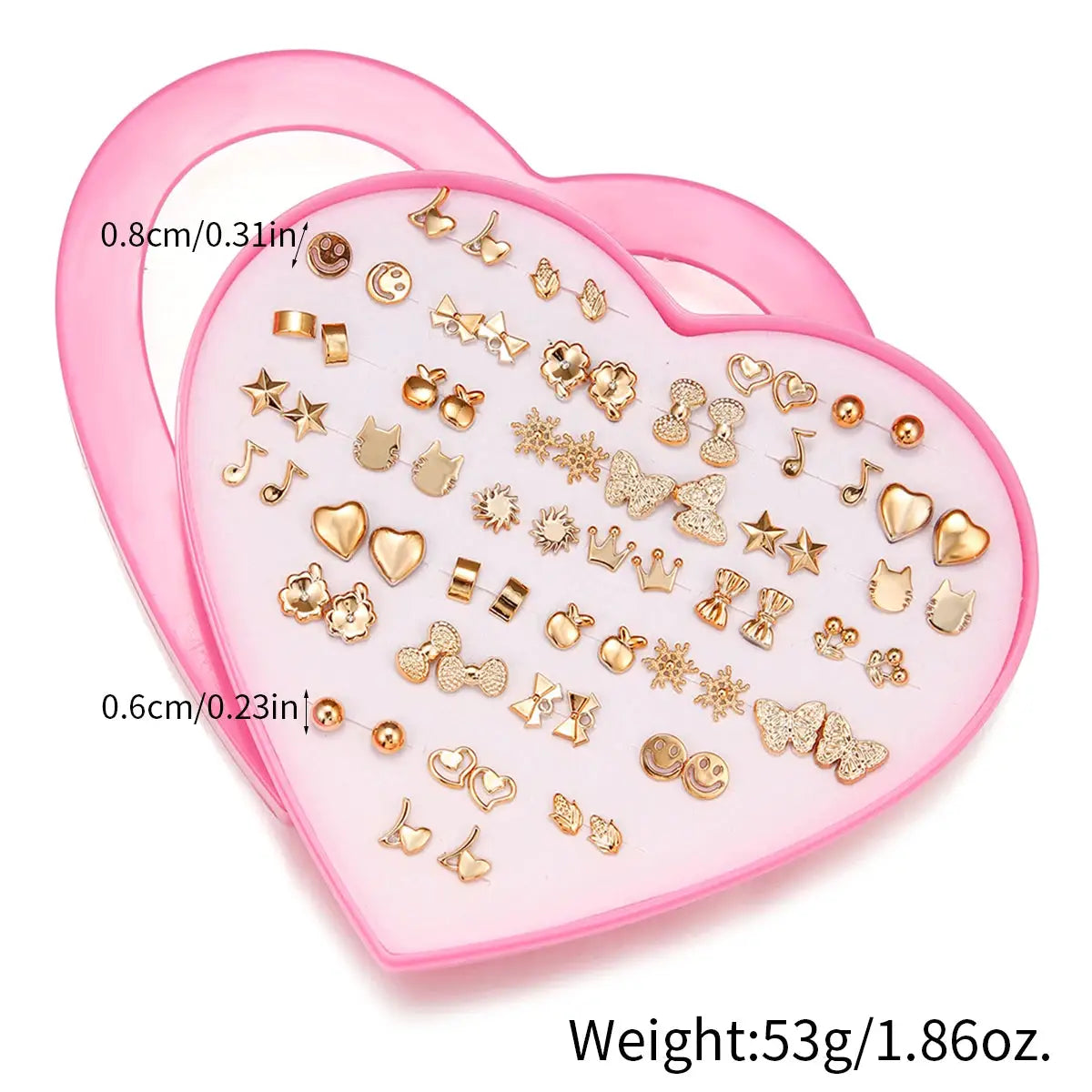 36-pair gold-tone stud earrings set in pink heart display by Simples Market, featuring snowflakes, cats, butterflies