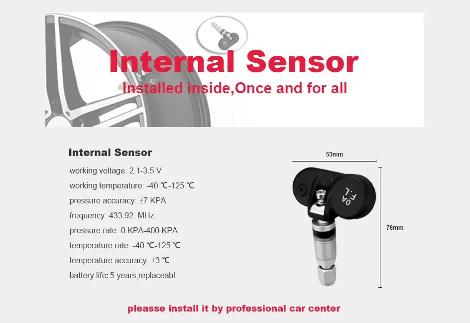 TPMS tire pressure and temperature sensor with internal black capsule and metal stem, 53mm by 78mm