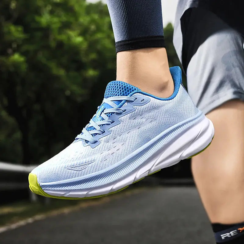 Men's Running Shoes in light blue breathable mesh with lime outsole, cushioned trainer