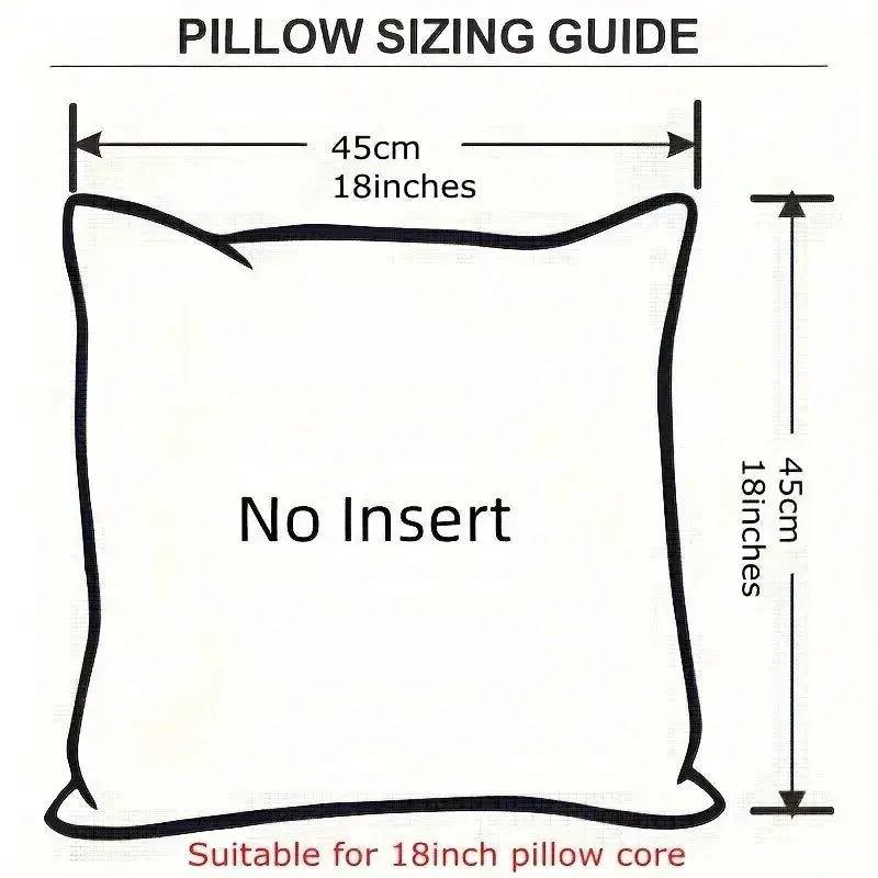 Pillow sizing guide diagram for 18-inch pillows showing No Insert and 45 cm / 18 inches measurements