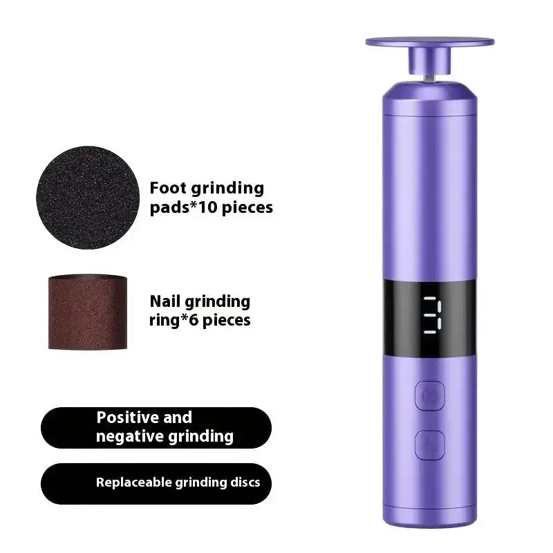 USB charging foot and nail grinder by Simples Market, 2-in-1 purple foot care device with display and replaceable discs