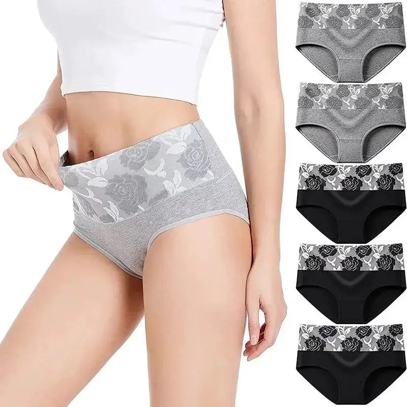Simples Market high-waist cotton panties set, 6-pack, gray floral waistband, breathable women's underwear