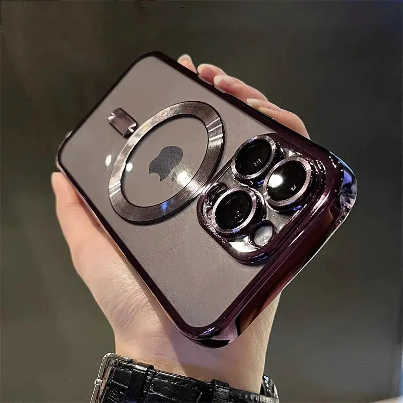Luxury magnetic clear MagSafe case for iPhone with circular magnet ring, burgundy finish