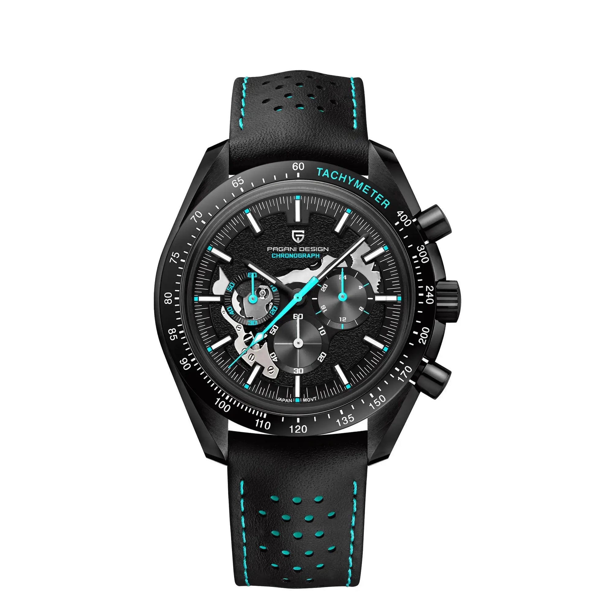 PAGANI DESIGN Moon Dark men's skeleton chronograph quartz watch with perforated black leather strap and turquoise stitching