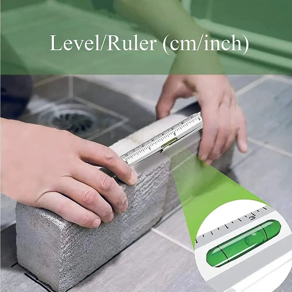 7 in1 Multifunction Ballpoint Pen with built-in ruler and spirit level, metal body
