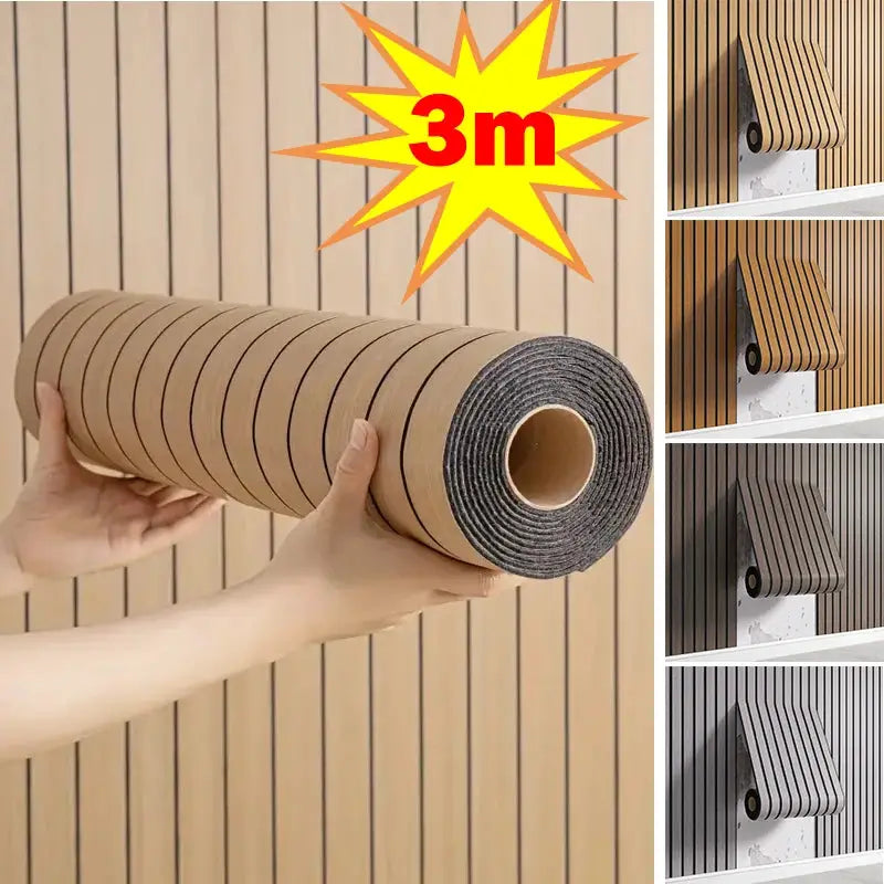 3D Textured Grid Wall Panels, peel-and-stick 3m roll, brown wood-look; shown in 4 color variants
