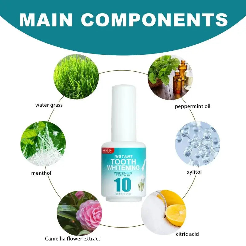 Tooth whitening paint by Simples Market, with peppermint oil, xylitol, citric acid, menthol, camellia flower extract.